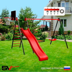 Уличные качели Sv Sport с горкой УК184.1КП2 (3.7м/Щит баскет/Гнездо 100см/"Лодочка"/Подвесы на подш 2к)