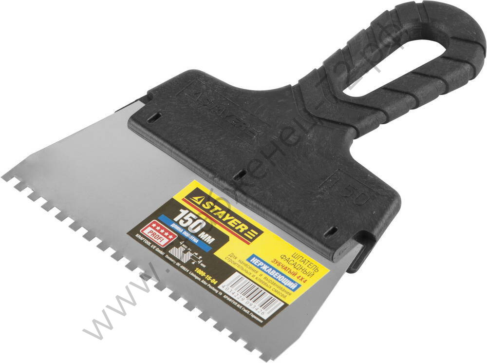 STAYER ProFLat 150 мм, зуб 4х4мм, пластиковая ручка, зубчатый, нержавеющий, Фасадный шпатель, PROFESSIONAL (1009-15-04)