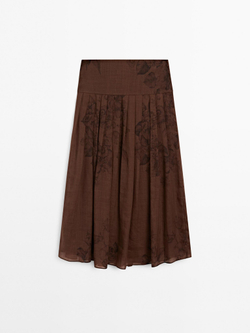 Massimo Dutti Юбка миди А-силуэта с цветочным принтом, шоколадный