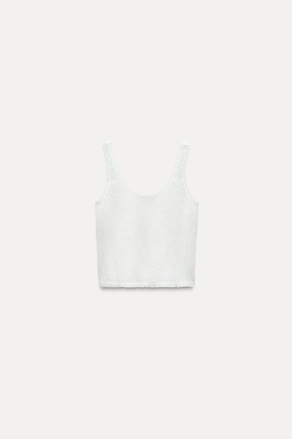 ZARA ОДНОТОННЫЙ ТРИКОТАЖНЫЙ ТОП С МЕТАЛЛИЧЕСКИМ УЗОРОМ, БЕЛЫЙ