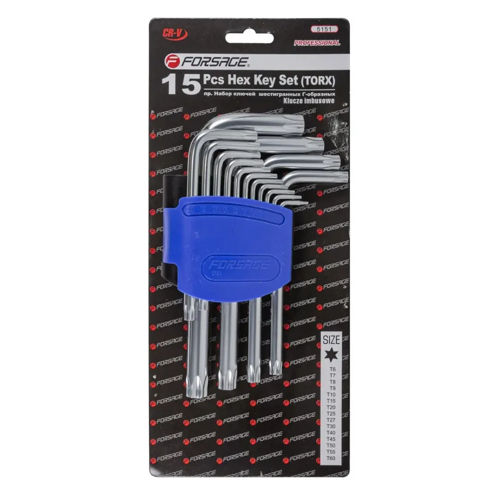 Набор ключей TORX Г-образных, 15пр.(Т6, T7, T8, T9, Т10, Т15, Т20, Т25, Т27, Т30, Т40, Т45, Т50, Т55, Т60)в пластиковом держателе Forsage F-5151