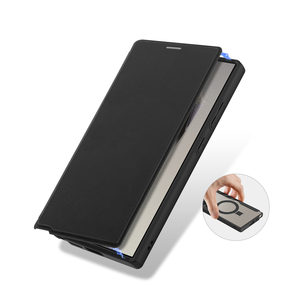 Прозрачный чехол книжка черного цвета с поддержкой MagSafe от Dux Ducis для Samsung Galaxy S24 Ultra, серия Skin X Pro Series Case (версия с магнитной откидной подставкой)
