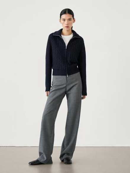 Massimo Dutti Кардиган из смесовой шерсти с узором «косы», темно-синий