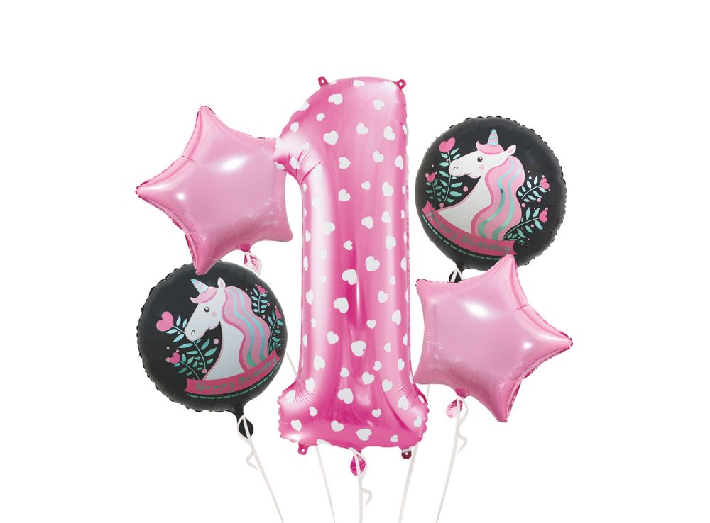 Шар (40"/102 см) Цифра, 1, Сердечки, Розовый, в упаковке