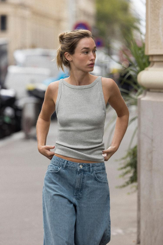 ZARA ТОП ХАЛТЕР В РУБЧИК, СЕРЫЙ МЕЛАНЖ