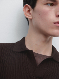 Massimo Dutti Трикотажный свитер из смесового хлопка с воротником-поло, бордо