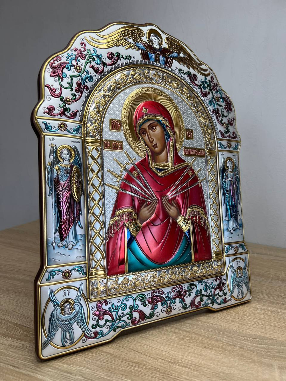 Семистрельная БМ, икона арочная с рамкой, красное дерево, эмаль 266х335
