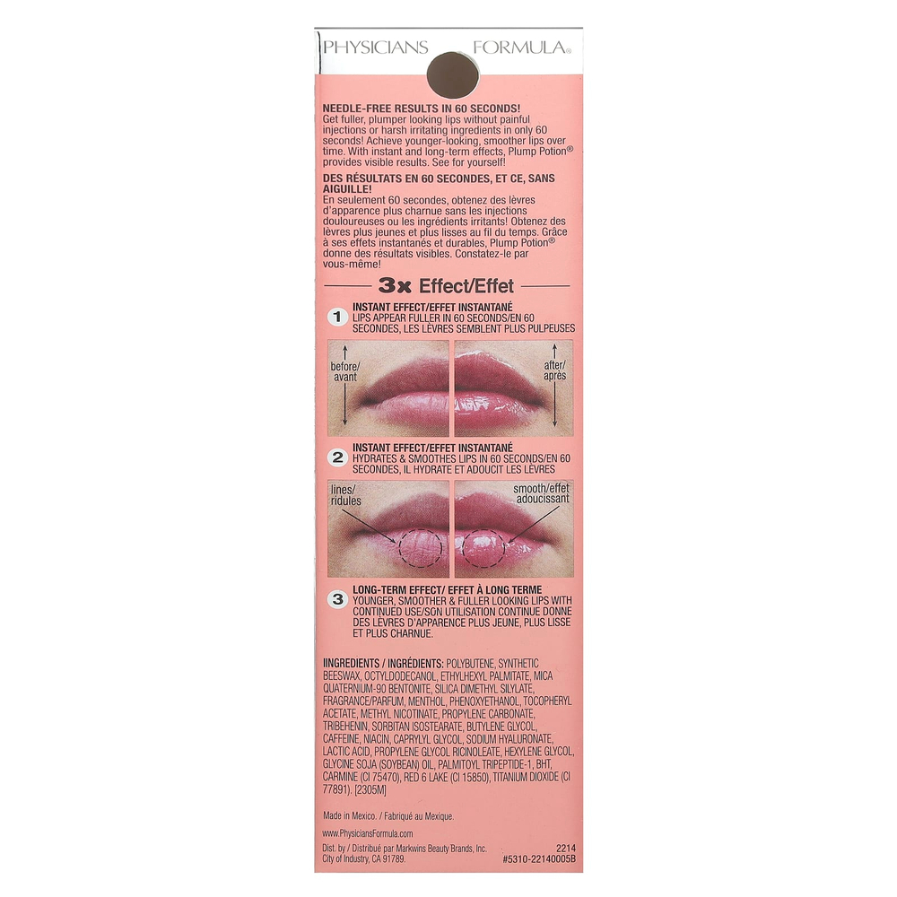 Physicians Formula, Plump Potion, безинъекционный коктейль для увеличения объема губ, Pink Crystal Potion 2214, 3 г (0,1 унции)