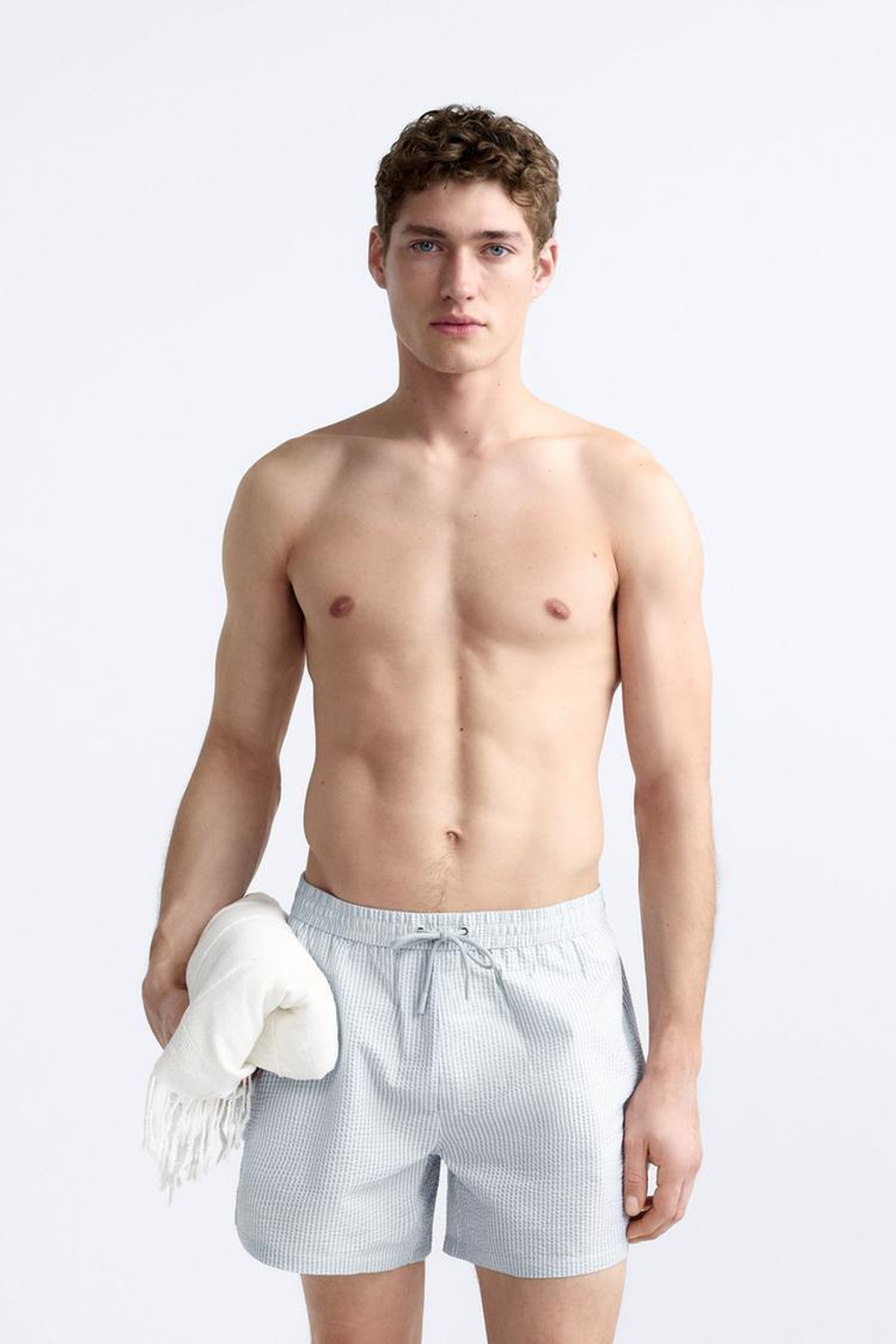 ZARA ПЛАВКИ ИЗ ЖАТОЙ ТКАНИ В МЕЛКУЮ ПОЛОСКУ, НЕБЕСНО-ГОЛУБОЙ