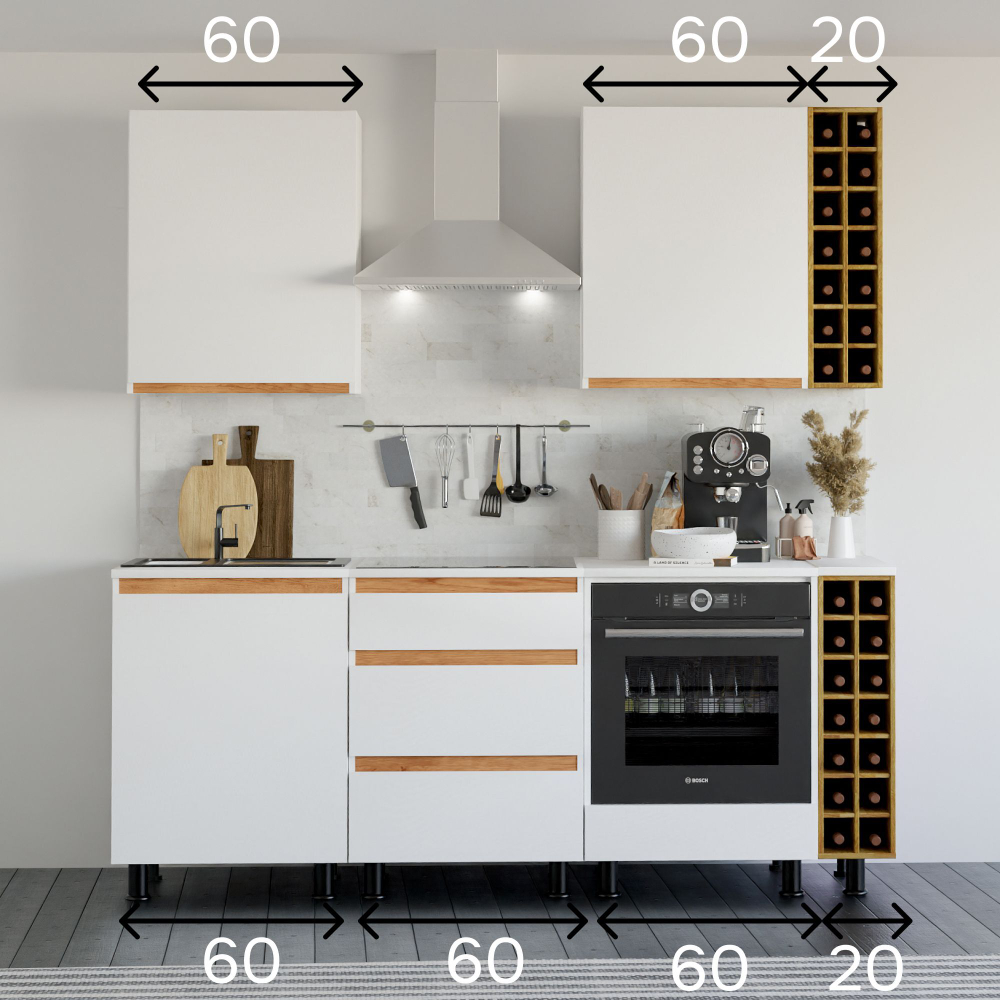 Кухня Валенсия 200 см со столешницей (7 модулей) / белый ЛДСП, массив дуба