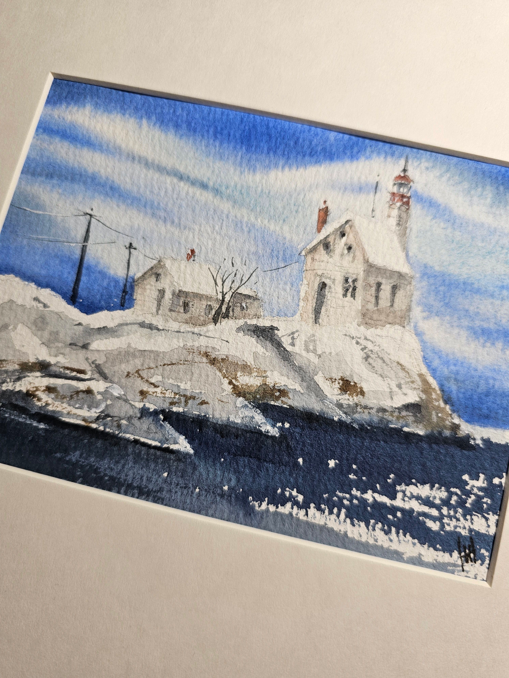 Картина авторская акварельная в паспарту 21х30 см на стену для интерьера "Маяк Лингер"