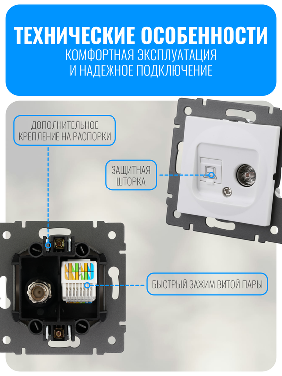 Розетка комбинированная ТВ + интернет RJ45 Smart Aura серия ELIT без рамки