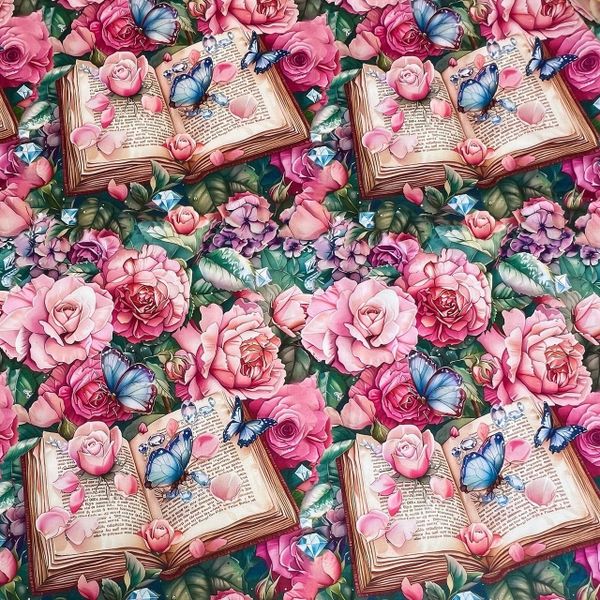 РОЗОВЫЕ РОЗЫ, КНИГИ, БАБОЧКИ, купон 40 /110 см , в ряду 3 книжки , 100% хлопок 1