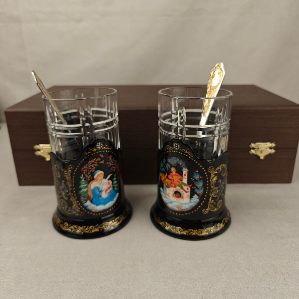 Чайный набор подстаканников "Русские сказки" (ручная роспись Палех) №18