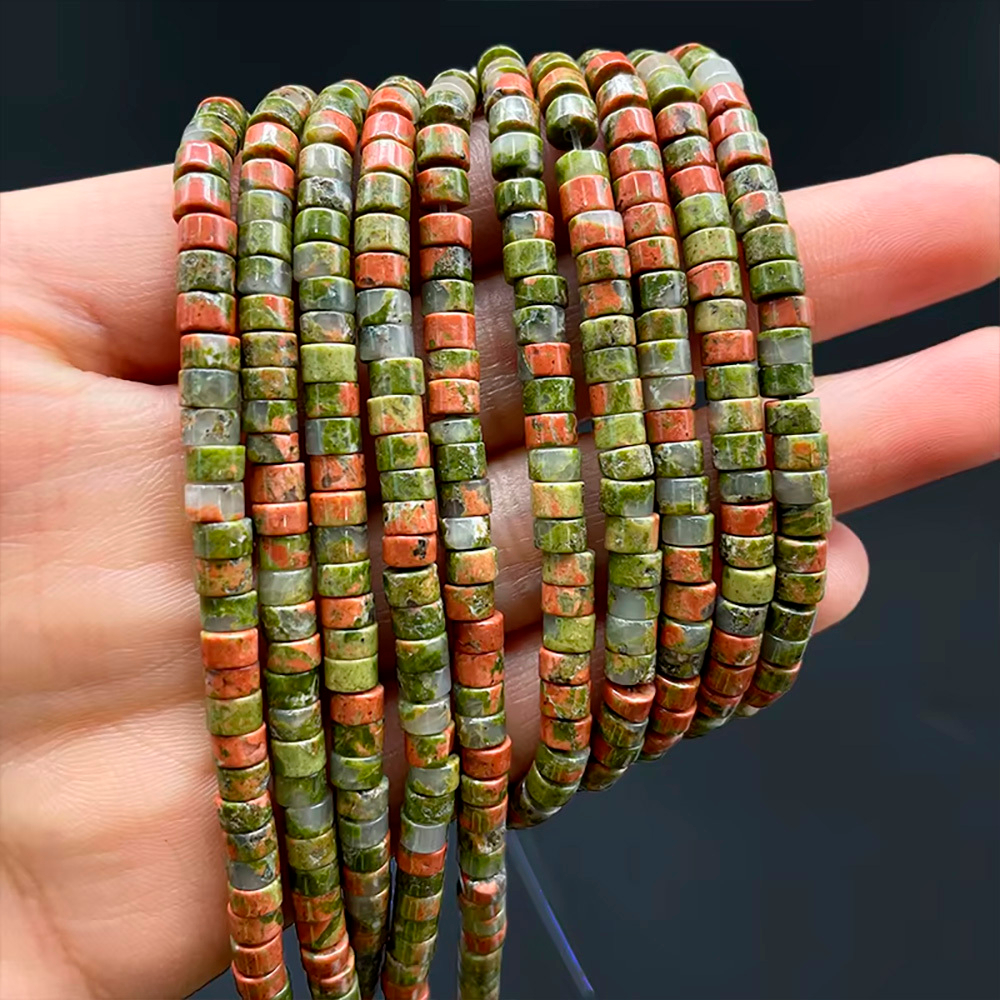 Унакит бусины-рондели 4х2/6х3 мм, на нитке 38 см