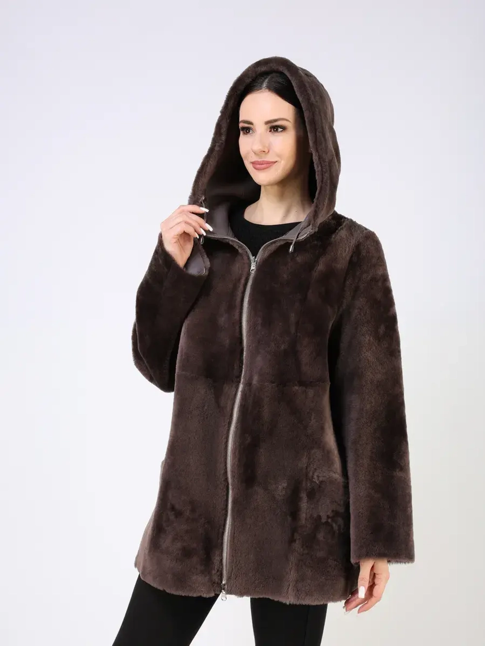 Дубленка зимняя двухсторонняя шуба с капюшоном