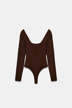 ZARA БОДИ ИЗ ПОЛИАМИДА С КВАДРАТНЫМ ВЫРЕЗОМ, ШОКОЛАДНЫЙ
