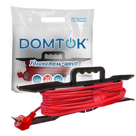 Удлинитель-шнур на рамке "DOMTOK" ПВС 3*1, 2,2кВт, з/к 20м (1/12)