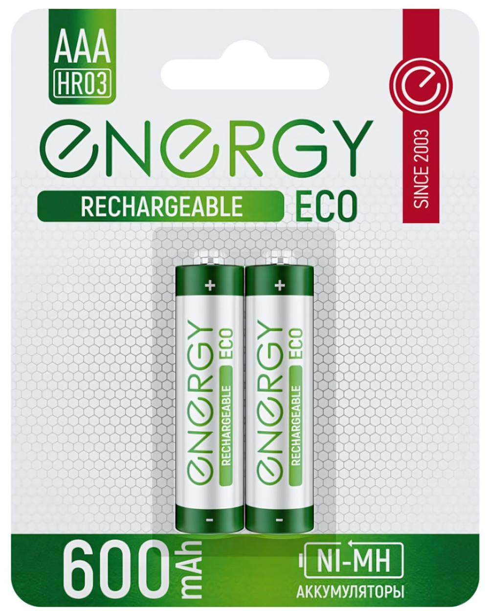 Батарейки аккумуляторные ENERGY EСО NIMH-600-HR3/2B (ААА) мизинчиковые, в спайке 2 шт