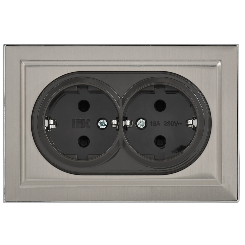BRITE Розетка 2-местная с заземлением с защитными шторками 16А в сборе РСш12-3-БрГН металл хром/никель IEK