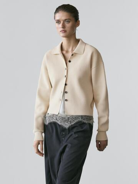 Massimo Dutti Кардиган из хлопкового трикотажа с воротником поло, ванильный