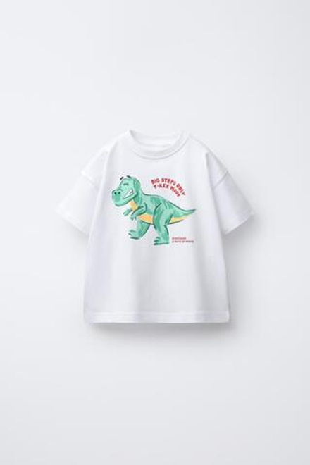 ZARA ФУТБОЛКА С ПРИНТОМ «ДИНОЗАВР», БЕЛЫЙ