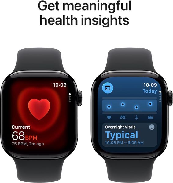 Умные часы Apple Watch Series 11 42 мм из алюминия цвета «чёрный глянец», спортивный ремешок черного цвета (M/L)