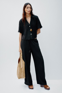 ZARA ШИРОКИЕ БРЮКИ С ЭЛАСТИЧНЫМ ПОЯСОМ, ЧЕРНЫЙ