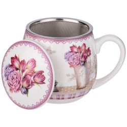 КРУЖКА ЗАВАРОЧНАЯ С МЕТАЛЛ. СИТОМ И ФАРФОР. КРЫШКОЙ LEFARD ТЮЛЬПАНЫ 420 МЛ