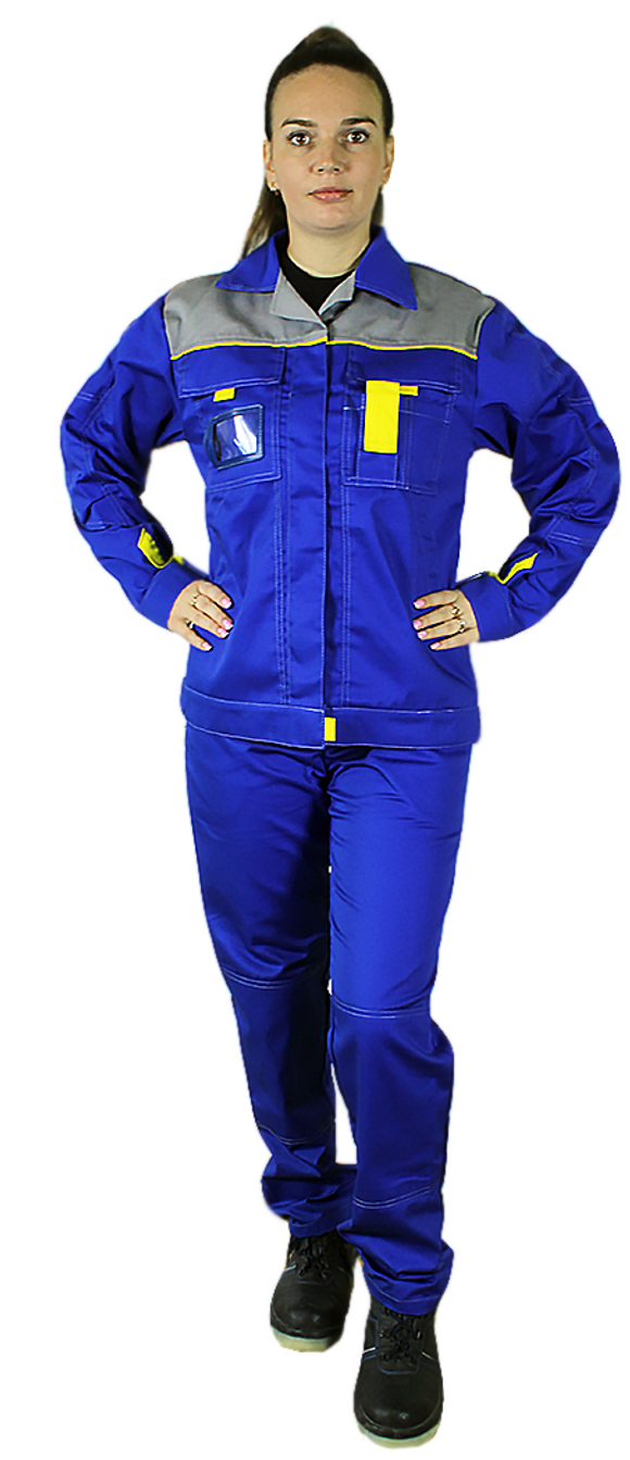 Костюм женский летний «КАМА» (куртка+брюки) цв.васильковый/светло-серый