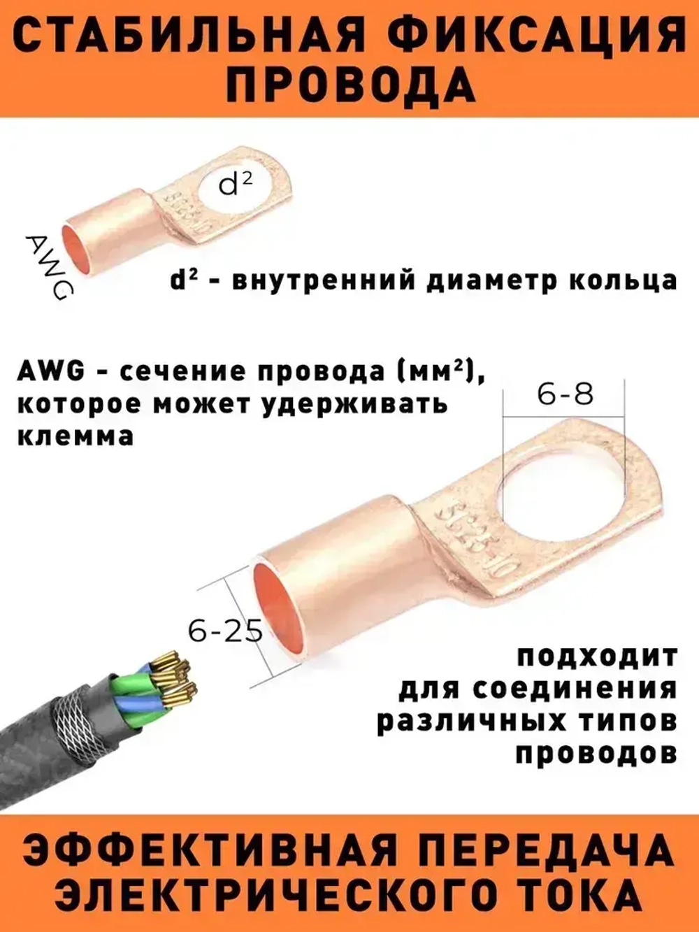 Обжимные медные клеммы типа SC 60 шт для проводов / кольцевые утолщенные / набор в кейсе 10А, 20А, 30А, 40А, 50А, 60А