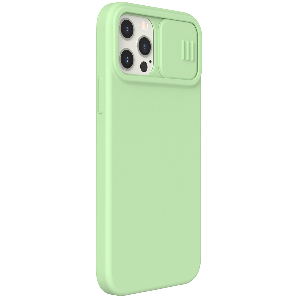 Чехол зеленого цвета (Matcha Green) от Nillkin для iPhone 12 Pro Max, мягкое шелковистое покрытие силикона, серия CamShield Silky Magnetic Silicone c поддержкой беспроводной зарядки MagSafe