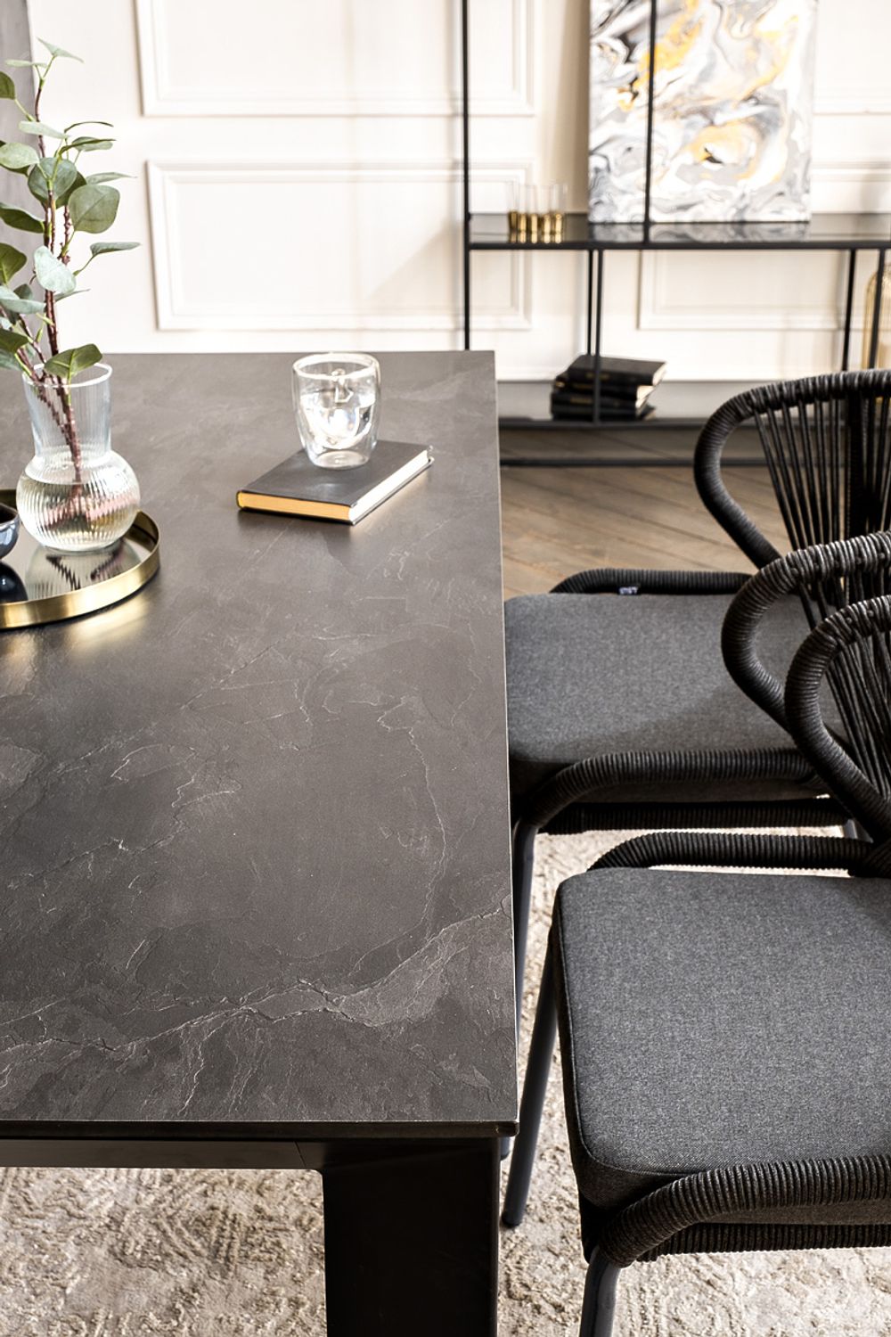 "Венето" обеденная группа на 4 персоны со стульями "Милан", каркас темно-серый, роуп темно-серый