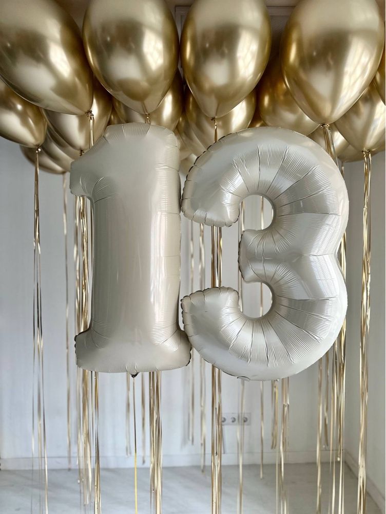 Воздушные гелиевые шары под потолок хром золото на золотом дождике 13 лет №4990