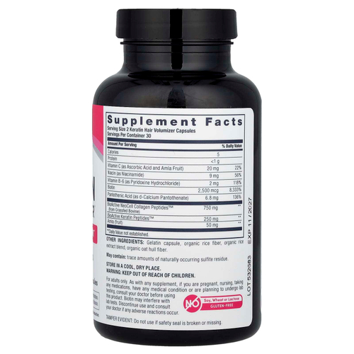 NeoCell, Кератиновое средство для увеличения объема волос + пептиды коллагена, 60 капсул