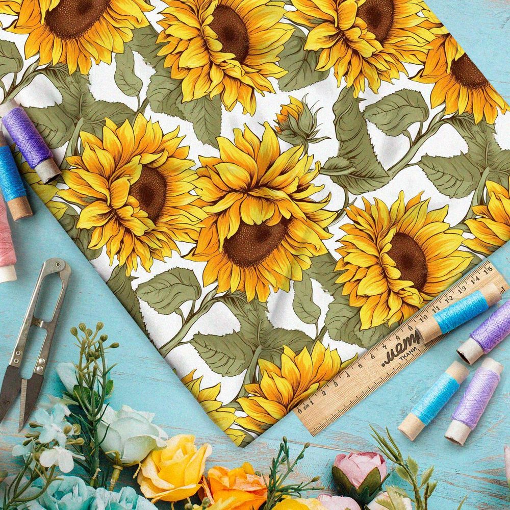 Ткань премиум дюспо крупные подсолнухи