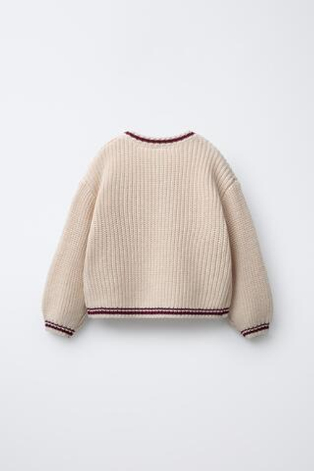 ZARA ВЯЗАНЫЙ КАРДИГАН В СТИЛЕ ВАРСИТИ С ВЫШИВКОЙ В ВИДЕ МЕДВЕДЯ, СЛОНОВАЯ КОСТЬ