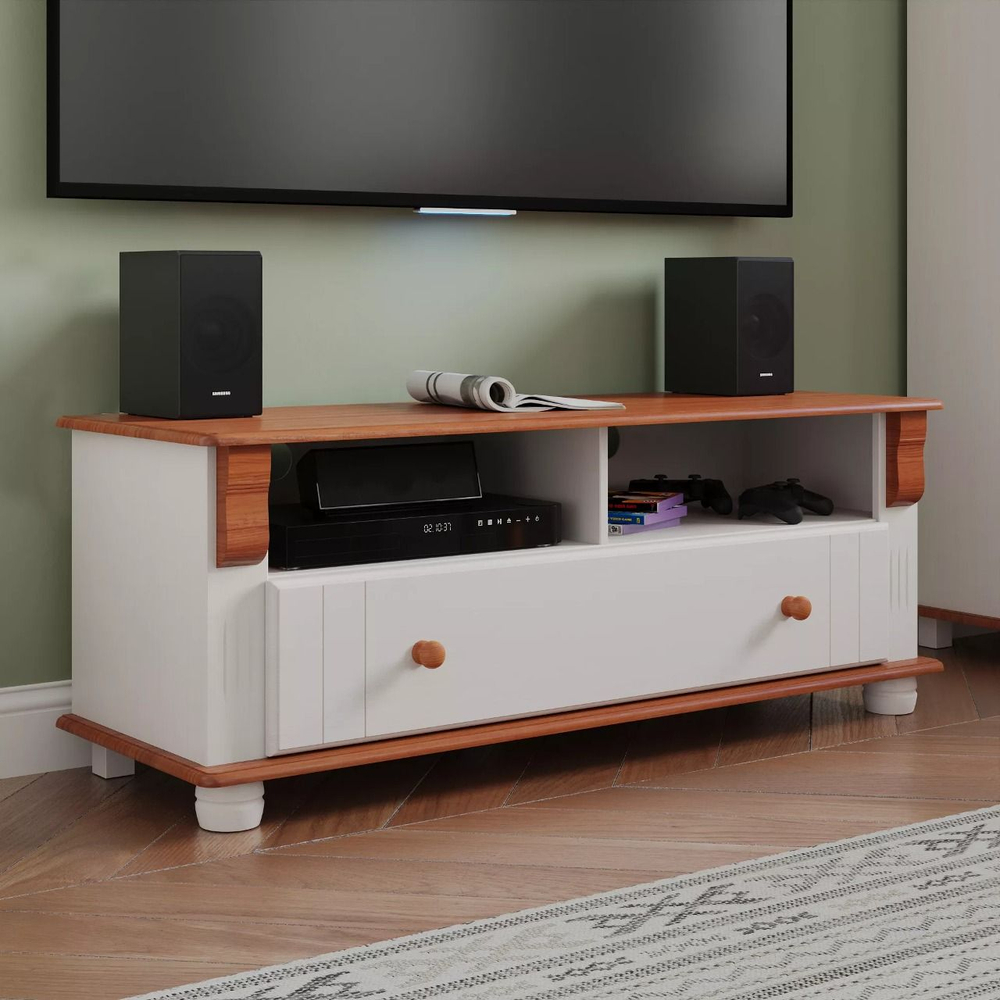 Тумба под телевизор 120х40х45, Адель с ящиком для вещей, для ТВ, массив сосны, белый/черри, Dipriz