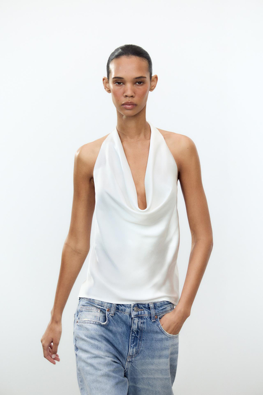 ZARA АТЛАСНЫЙ ТОП С ГОРЛОВИНОЙ ХАЛТЕР, БЕЛЫЙ
