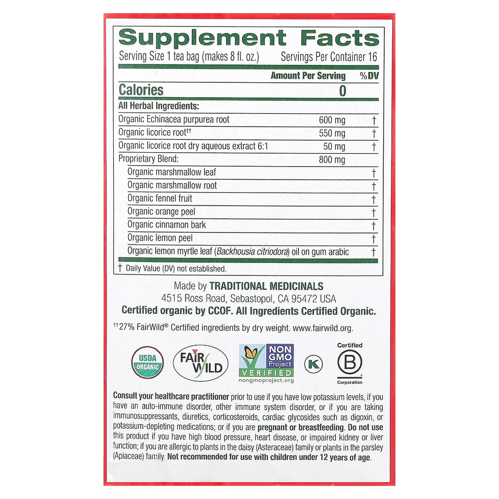 Traditional Medicinals, Organic Throat Cover®, лимон и эхинацея, без кофеина, 16 чайных пакетиков, 32 г (1,13 унции)