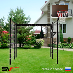 Уличная шведская стенка Sv Sport рукоход с комплектом турник прямой 2шт У5086К (Турник/Брусья/Щит баскет/Канат/кольца/лестница/Сетка)