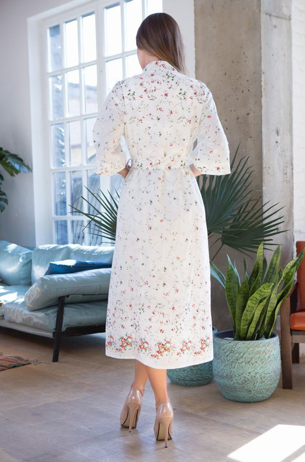 Длинный халат Daisy из нежного принтованного хлопка (Размер: M-L) (Цвет: белый)