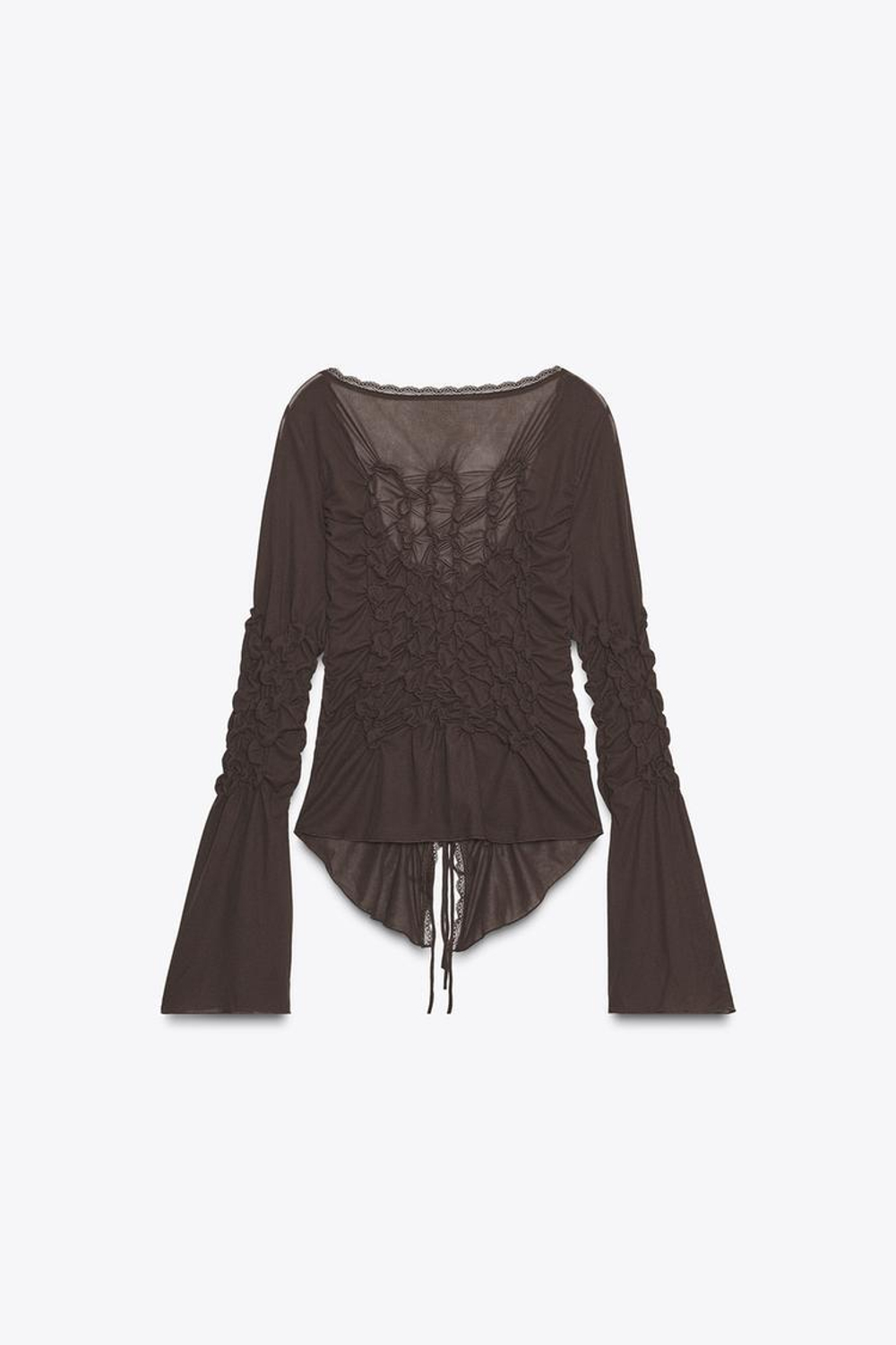 ZARA ТОП С ЗАВЯЗКАМИ И ЭЛАСТИЧНЫМИ СБОРКАМИ, КОРИЧНЕВЫЙ