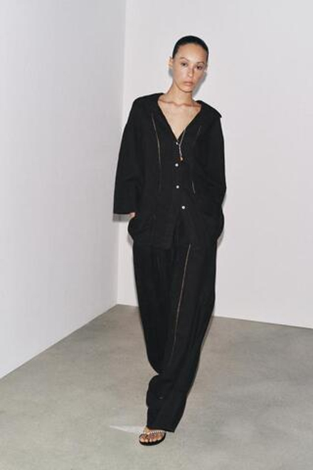ZARA БРЮКИ ПАЛАЦЦО ИЗ 100% ЛЬНА — ZW COLLECTION, ЧЕРНЫЙ