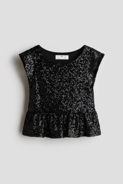 H&M Топ с баской и пайетками, черный