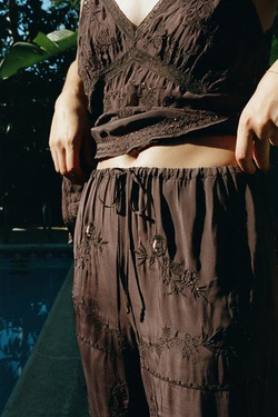 ZARA БРЮКИ С ВЫШИВКОЙ И БИСЕРОМ, КОРИЧНЕВЫЙ