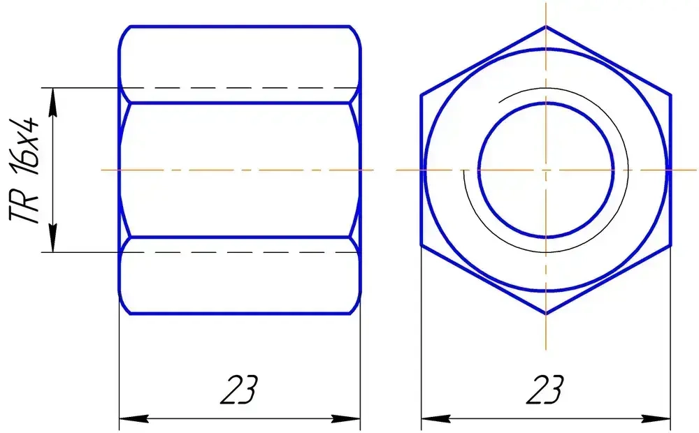 Комплект TR 16x4 Трапецеидальный винт, трапецеидальная гайка шестигранная.