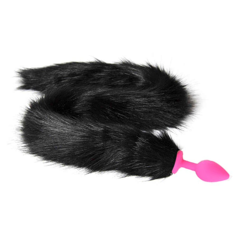 Розовая анальная пробка с черным хвостом (Цвет: черный)