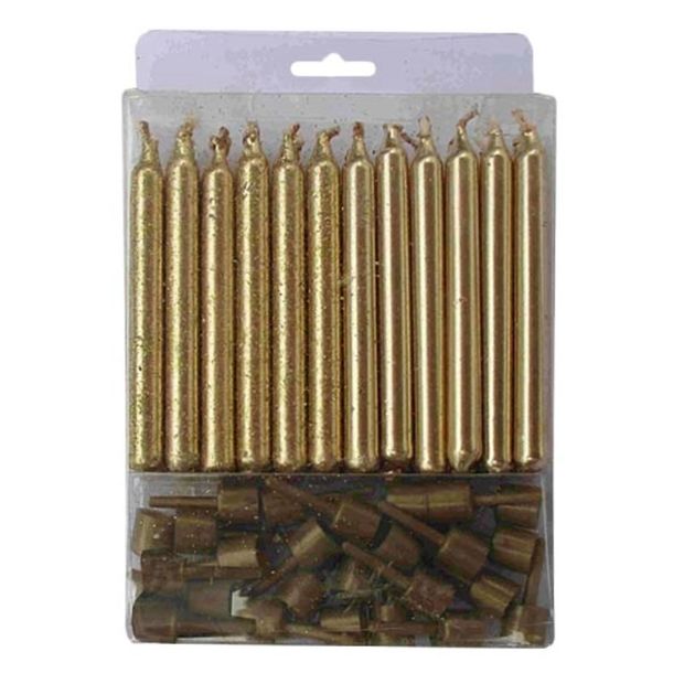 Свечи золотые с блестками 24 шт с держателями 6 см