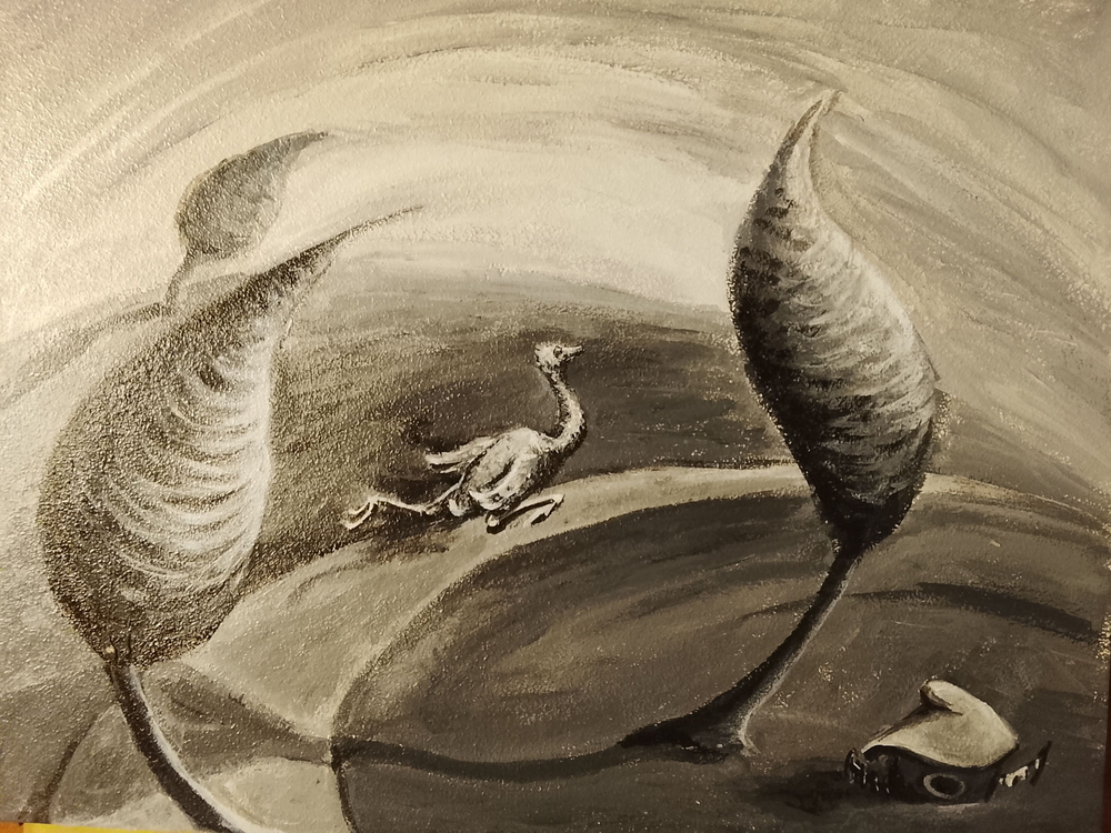 Картина "Бегущий страус". Акрил на картоне. Авторская работа. Единственный экземпляр.